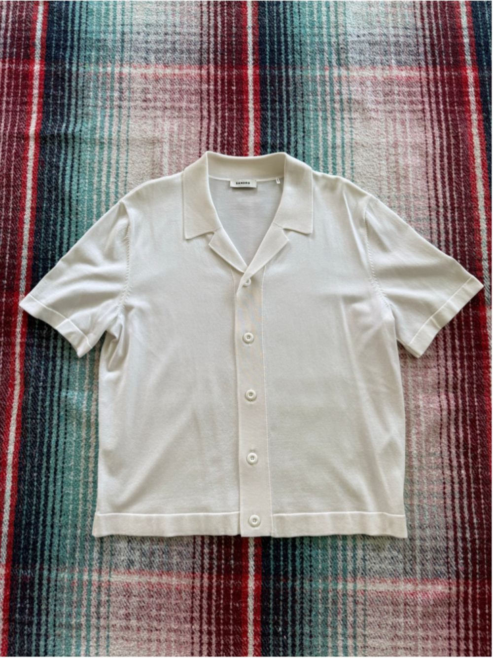 Men's Sandro Knit Cuban Collar Short Sleeve White Shirt L